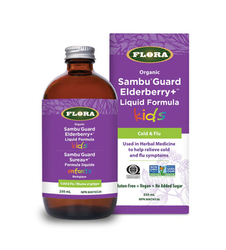 Flora - formule liquide pour enfants sambugaurd elderberry+ (biologique) - 250 ml.
