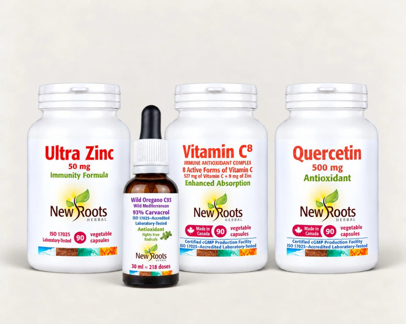 Vitamine C8, quercétine 500 mg, Ultra zinc 50 mg et origan sauvage C93 de L'Ensemble Immunité New Roots