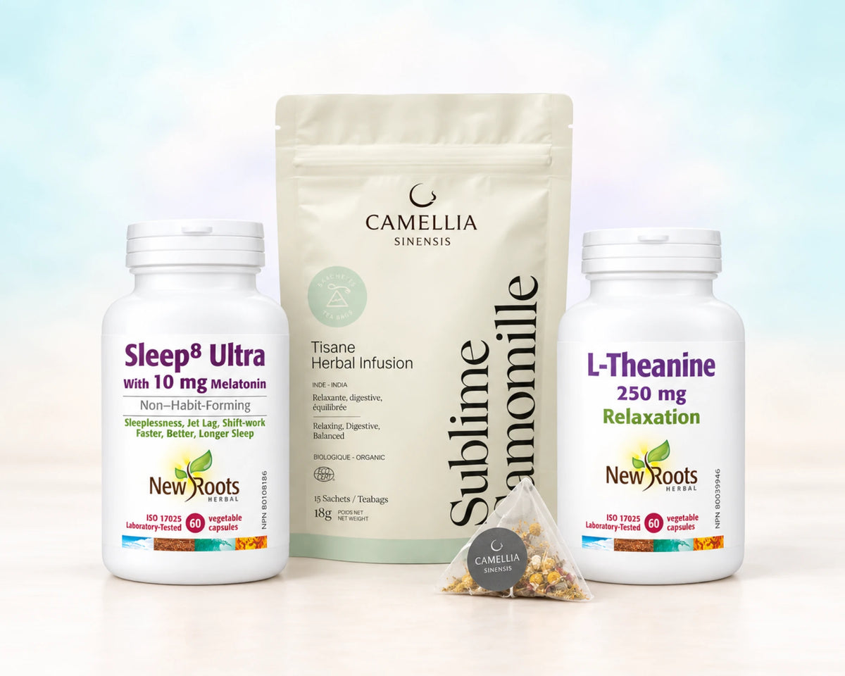 Sleep8 Ultra, L-Théanine 250 mg et tisane Sublime camomille de L'Ensemble Détente du Soir