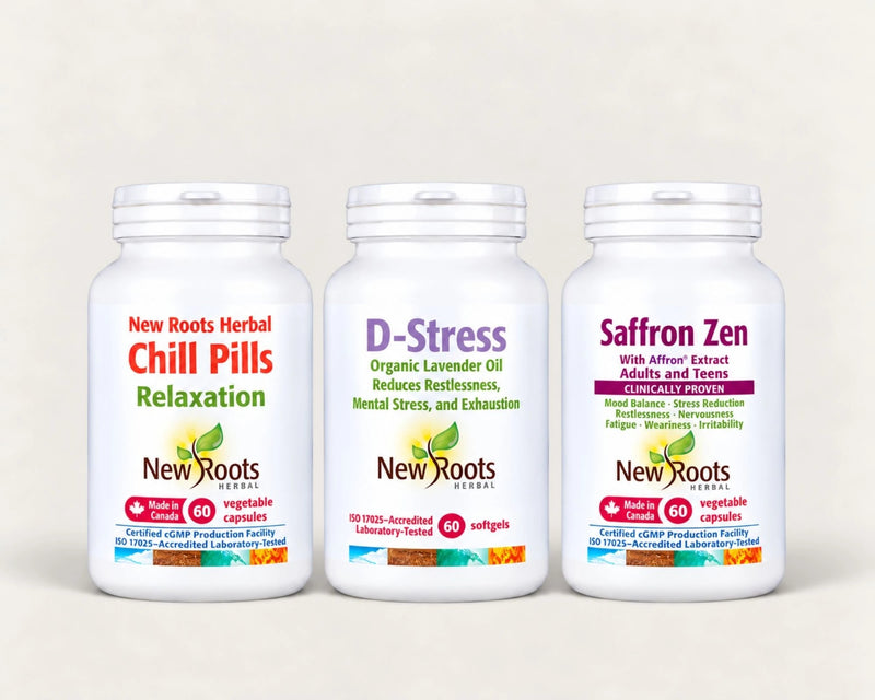 Relaxation (Chill Pills), Safran Zen et D-Stress huile de lavande bio de L'Ensemble Relaxation et Sommeil New Roots