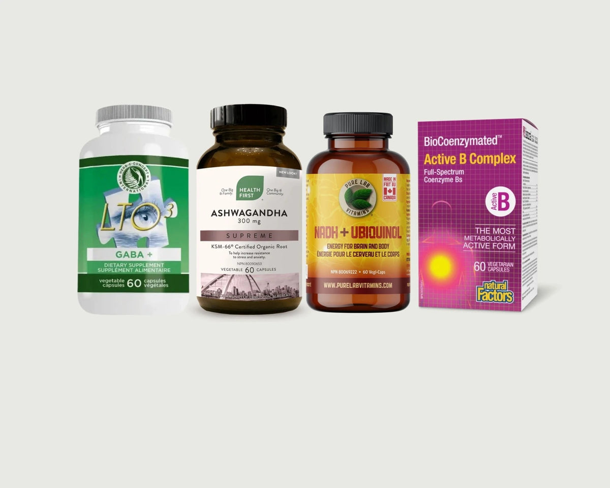 LTO3 + GABA, Ashwagandha Supreme, Active B Complex and NADH + Ubiquinol from The Calm Focus Bundle