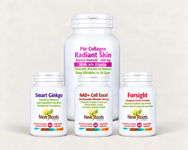 Vision plus, Ginkgo brillant, Pur collagène peau radieuse et NAD+ Cell Excel de L'Ensemble Vieillissement en santé New Roots