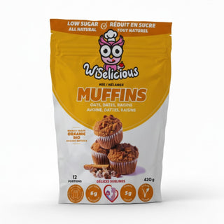 Délices sublimes - Widelicious | mélange à muffins avoine, dattes et raisins | végane, faible en sucre & riche en fibres