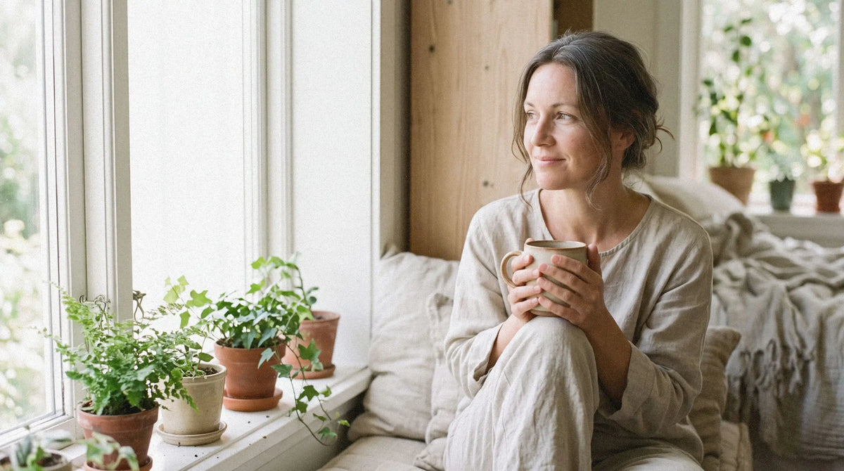 Femme détendue près d'une fenêtre ensoleillée, une tasse à la main