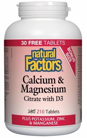 Calcium & Magnésium Citrate avec D3 Plus Potassium, Zinc & Manganèse -Natural Factors -Gagné en Santé