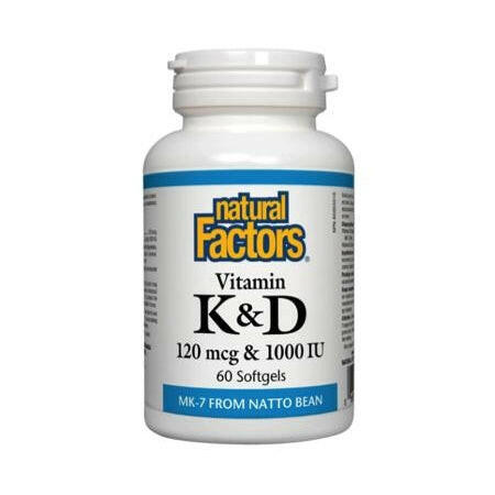 Natural factors Vitamine k + d, 120 mcg & 1,000 ui · 60 gélules