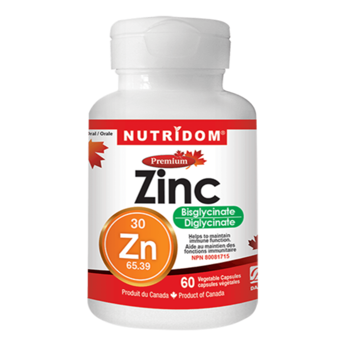 Zinc bisglycinate (60 caps) -Nutridom -Gagné en Santé